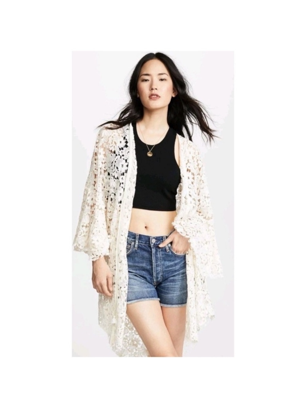 Free People Cream Crochet Kimono